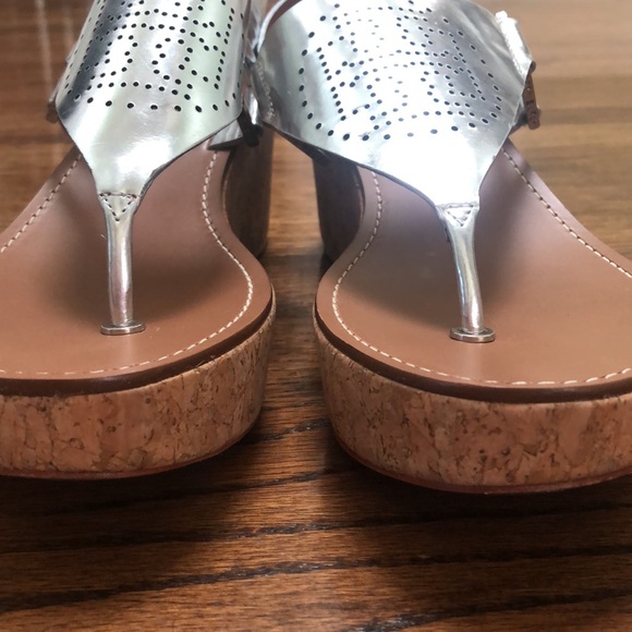 Tory Burch Mirrored Silver Cork Wedge Sandals 8 - Picture 3 of 11